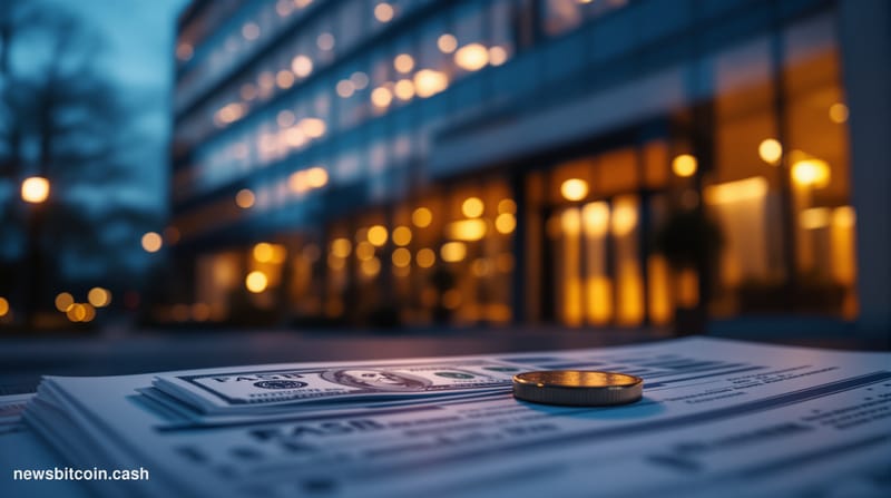 Cinematic photorealistic editorial photograph of the FASB (Financial Accounting Standards Board) offices in Norwalk, Connecti
