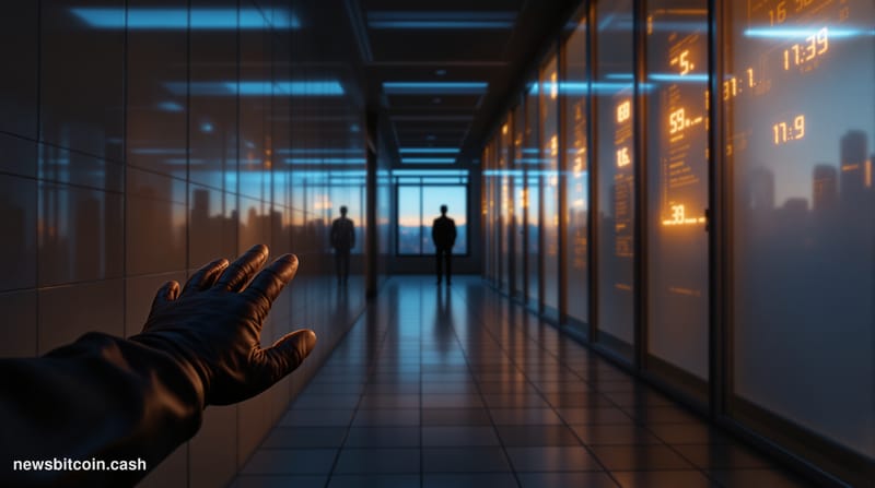 Cinematic photorealistic editorial photograph of a dramatic FBI field office corridor, shot from a low angle looking toward a