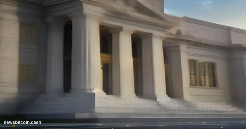 Cinematic photorealistic editorial photograph of the Federal Reserve headquarters (Eccles Building) in Washington D.C., shot 