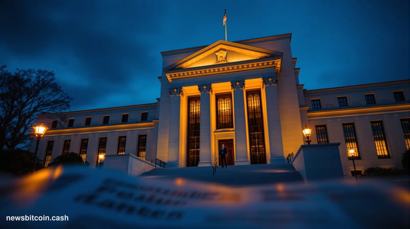 Cinematic photorealistic editorial photograph of the Federal Reserve building in Washington D.C., shot from a low angle at du