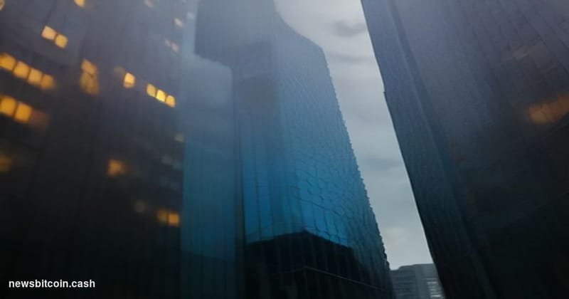 Cinematic photorealistic editorial photograph of Fidelity Investments' Boston headquarters at dusk, shot from a low angle loo
