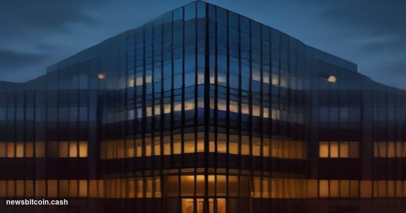 Cinematic photorealistic editorial photograph of Fidelity International's London offices at dusk, shot from a low wide angle 