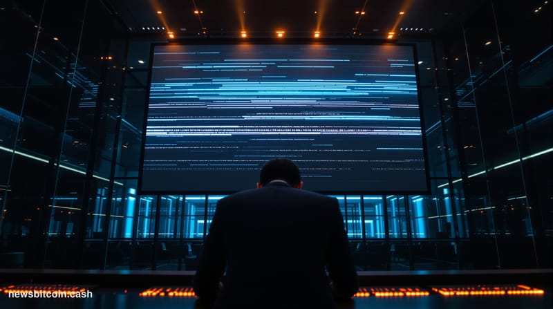 Cinematic photorealistic editorial photograph of a massive digital trading floor with muted blue-green ambient lighting, a ce