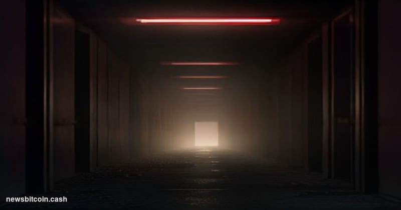 Cinematic photorealistic editorial photograph of a glowing server rack corridor plunged into sudden darkness, with a single e