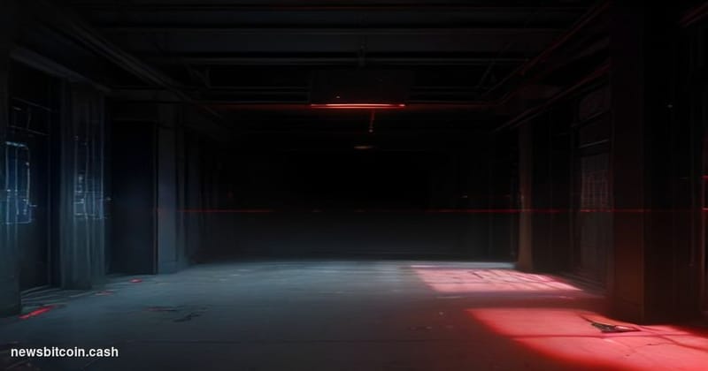 Cinematic photorealistic editorial photograph of a darkened server room with emergency red warning lights casting long shadow
