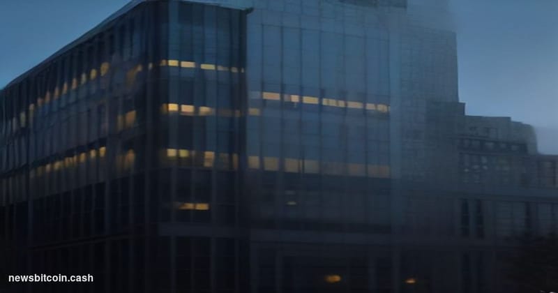 Cinematic photorealistic editorial photograph of the exterior of the CFTC's Washington D.C. headquarters building at dusk, sh