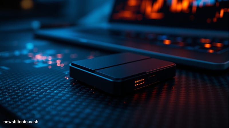 Cinematic photorealistic editorial photograph of a Coldcard hardware wallet device — black, credit-card-sized, with its disti