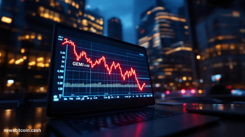 Cinematic photorealistic editorial photograph of a stock trading terminal screen displaying a sharp red downward trend line l