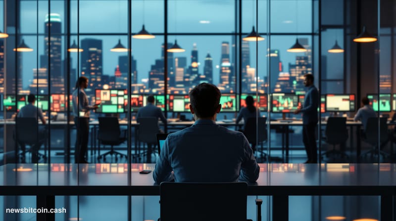 A cinematic photorealistic editorial photograph set inside a modern, minimalist brokerage or fintech office space with large 
