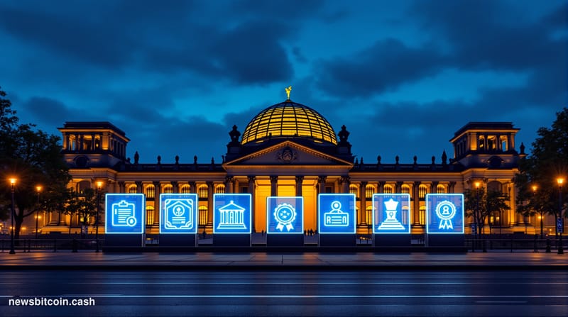 Cinematic photorealistic editorial photograph of the Reichstag building in Berlin at dusk, its iconic glass dome illuminated 