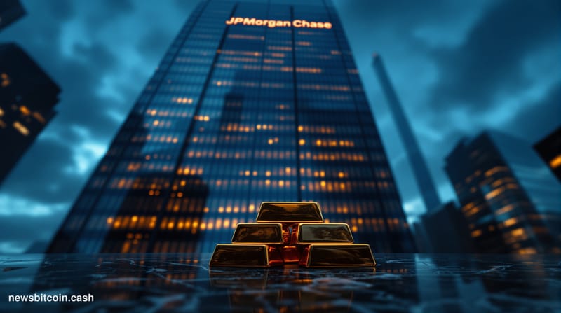 Cinematic photorealistic editorial photograph of a JPMorgan Chase headquarters building in New York City at dusk, its iconic 