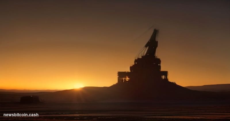 Cinematic photorealistic editorial photograph of an open-pit gold mine at dawn, shot from a low angle looking up at massive e