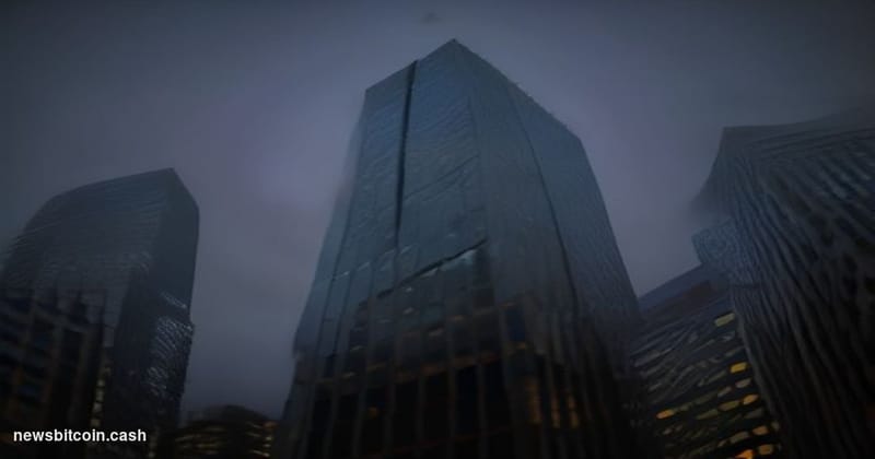 Cinematic photorealistic editorial photograph shot from a low angle looking up at the lower Manhattan financial district skyl