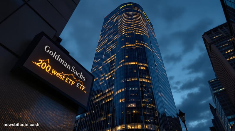 Cinematic photorealistic editorial photograph of Goldman Sachs' iconic Manhattan headquarters at 200 West Street, shot from a