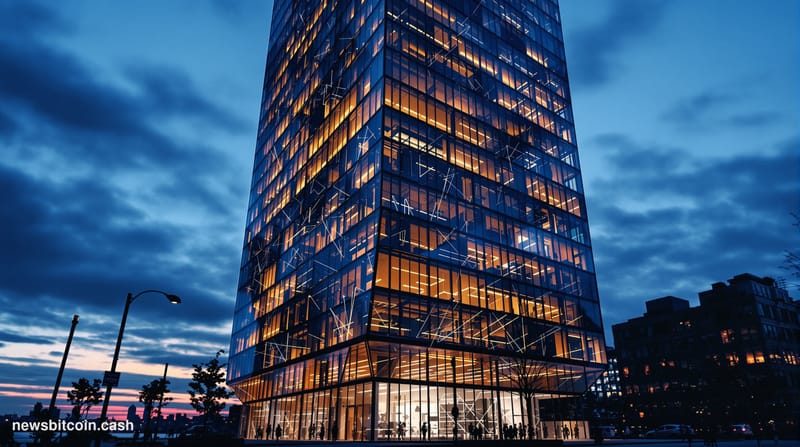 Cinematic photorealistic editorial photograph of Goldman Sachs' iconic lower Manhattan headquarters at 200 West Street, New Y