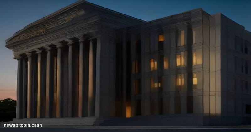 Cinematic photorealistic editorial photograph of a government tax authority building — modeled on a U.S. Treasury or OECD-sty