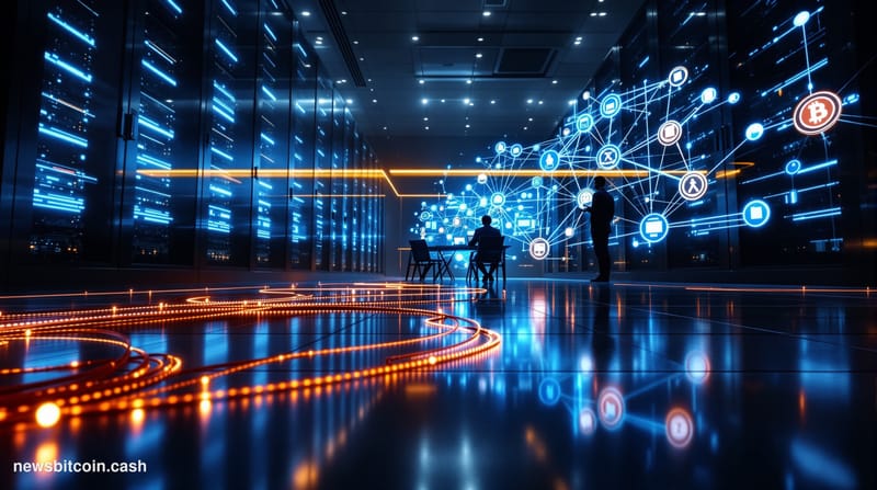 Cinematic photorealistic editorial photograph of a gleaming server farm at night, shot from a low angle looking up at towerin