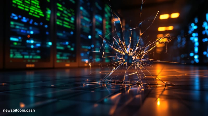 A cinematic photorealistic editorial photograph of a fractured digital ledger rendered as a physical object — thick glass pan