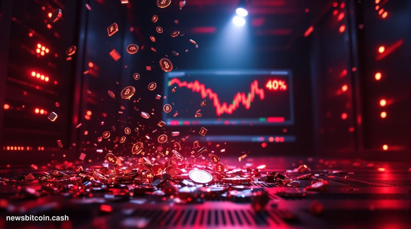 Cinematic photorealistic editorial photograph of a dramatic server room bathed in deep red emergency lighting, with shattered