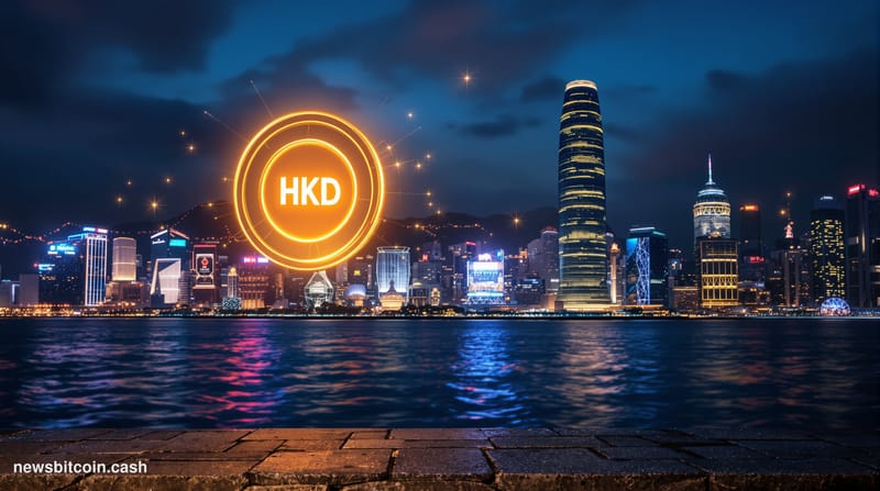 Cinematic photorealistic editorial photograph of the Hong Kong skyline at dusk viewed from across Victoria Harbour, with the 