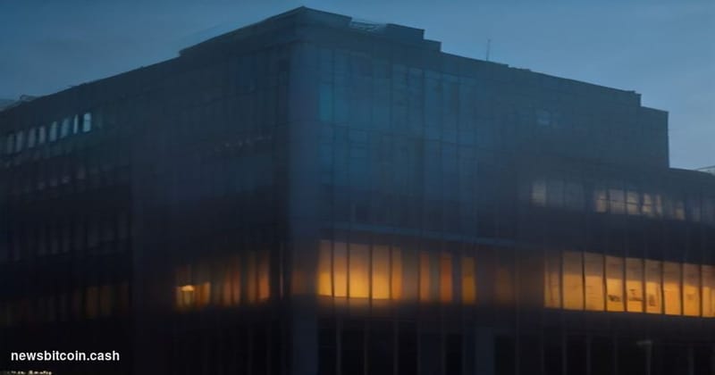 Cinematic photorealistic editorial photograph of the Human Rights Foundation's New York offices at dusk, shot from a low angl