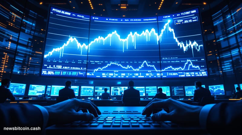 Cinematic photorealistic editorial photograph of a dramatic trading floor environment bathed in deep blue and amber light, wi