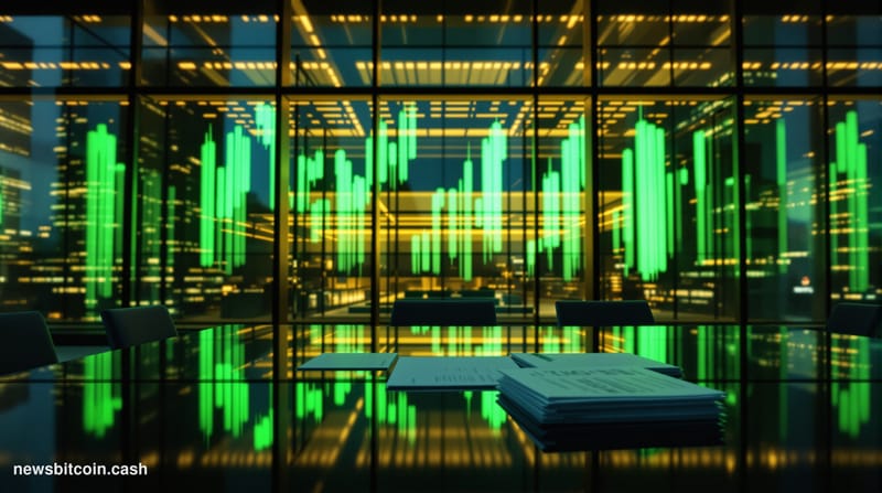A cinematic photorealistic editorial photograph of a glass-and-steel Nasdaq-listed corporate headquarters at dusk, with a lar