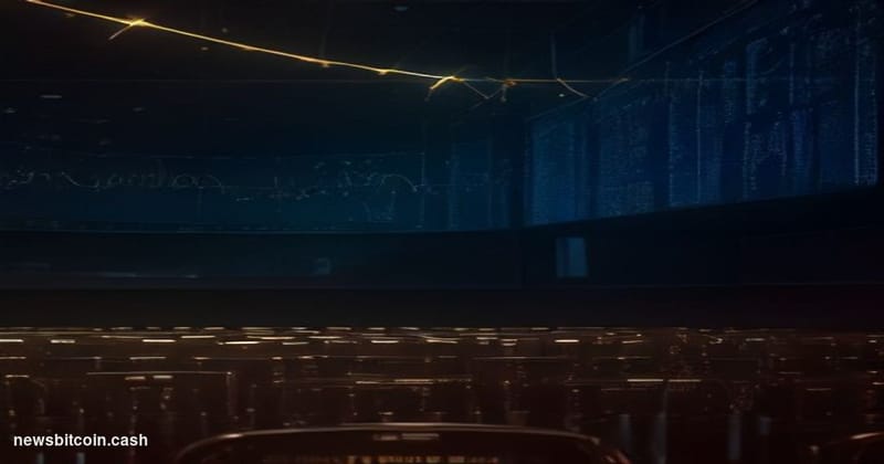A cinematic photorealistic editorial photograph of a dramatic financial trading floor environment bathed in deep blue and amb
