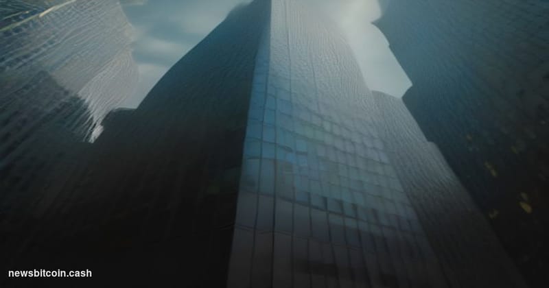 A cinematic photorealistic editorial photograph shot at ground level looking up at a modern glass-and-steel financial exchang