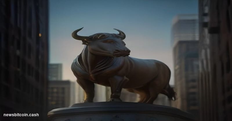 Cinematic photorealistic editorial photograph shot from a low angle looking up at a Wall Street financial district intersecti