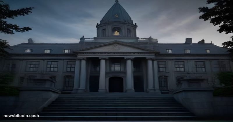 Cinematic photorealistic editorial photograph of the Irish Parliament building (Leinster House) in Dublin at dusk, shot from 
