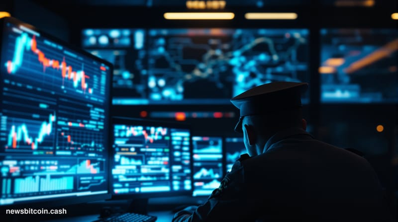 Cinematic photorealistic editorial photograph of a dimly lit military operations room interior, with a glowing computer monit
