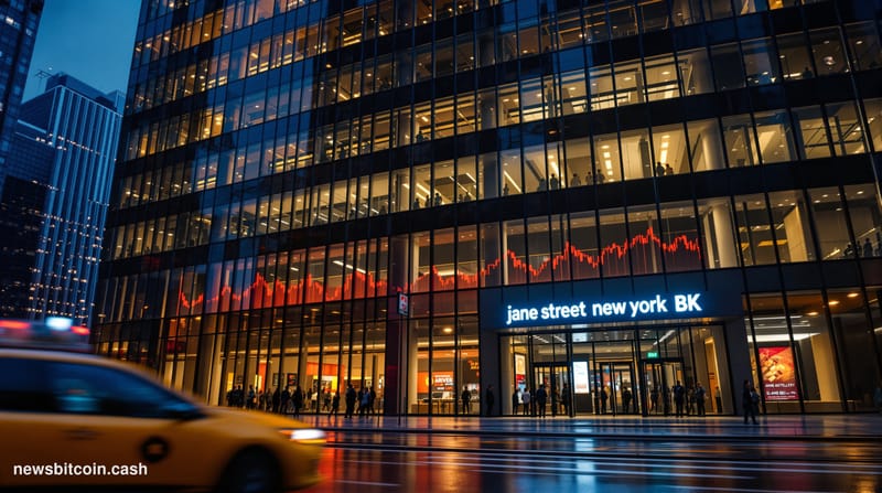 Cinematic photorealistic editorial photograph of Jane Street's New York City office tower exterior at dusk, shot from a low a
