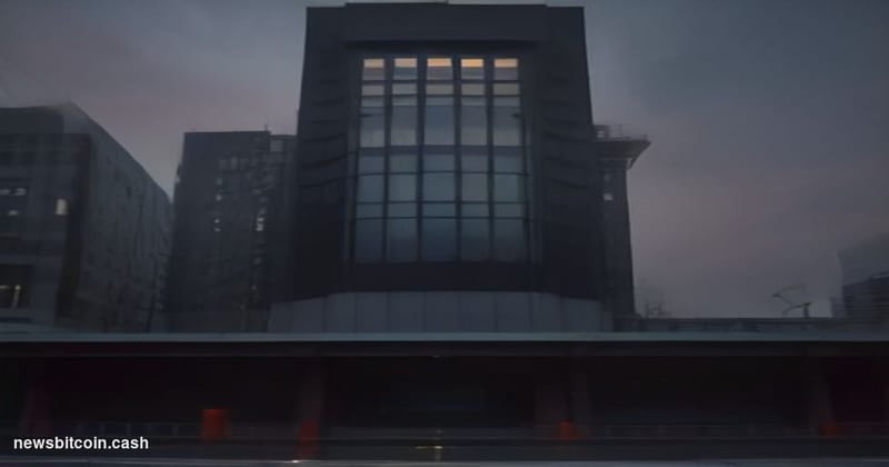 Cinematic photorealistic editorial photograph of the Bank of Japan's distinctive modernist Tokyo headquarters at dusk, shot f
