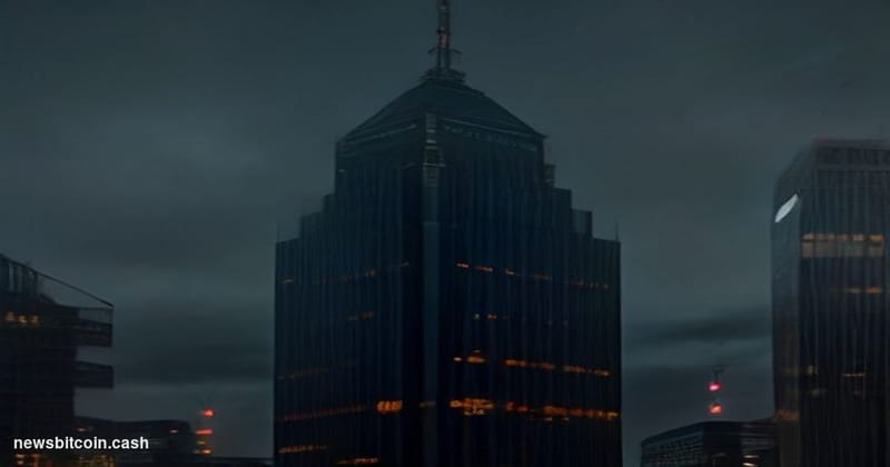 Cinematic photorealistic editorial photograph of the Tokyo financial district at dusk, with the iconic Tokyo Stock Exchange b