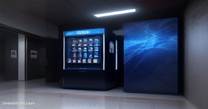 Cinematic photorealistic editorial photograph of a PepsiCo vending machine and branded product display inside a sleek corpora