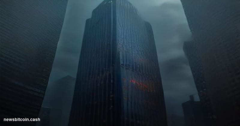 Cinematic photorealistic editorial photograph of JPMorgan Chase's Manhattan headquarters tower at dusk, its glass facade refl