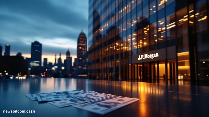 Cinematic photorealistic editorial photograph of J.P. Morgan's iconic Manhattan headquarters at 383 Madison Avenue captured a