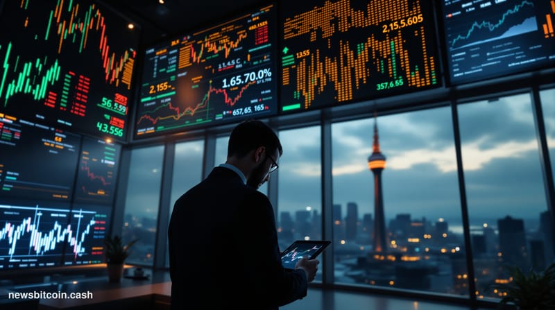 Cinematic photorealistic editorial photograph of the Tokyo Stock Exchange trading floor interior, shot from a low angle looki