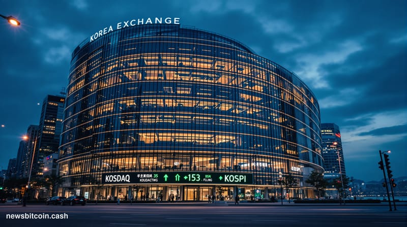 Cinematic photorealistic editorial photograph of the Korea Exchange building in Yeouido, Seoul's financial district, shot at 