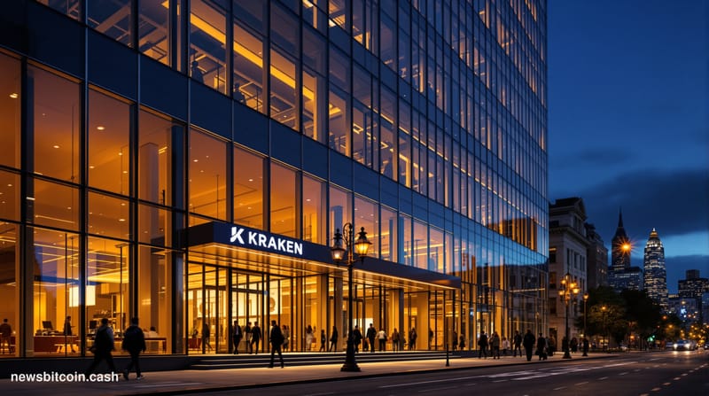 Cinematic photorealistic editorial photograph of Kraken's San Francisco headquarters exterior at dusk, dramatic side lighting