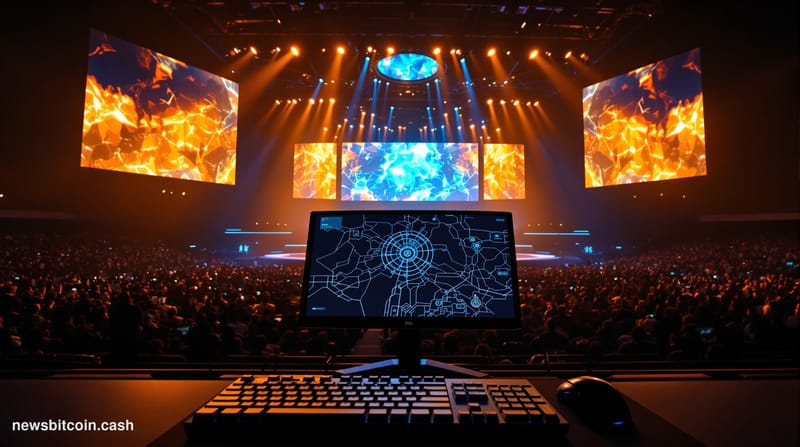 Cinematic photorealistic editorial photograph of a darkened esports arena in China, dramatically lit with deep blue and gold 