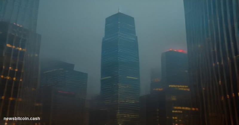 Cinematic photorealistic editorial photograph of the Hong Kong Stock Exchange building in Central, Hong Kong, shot from a low