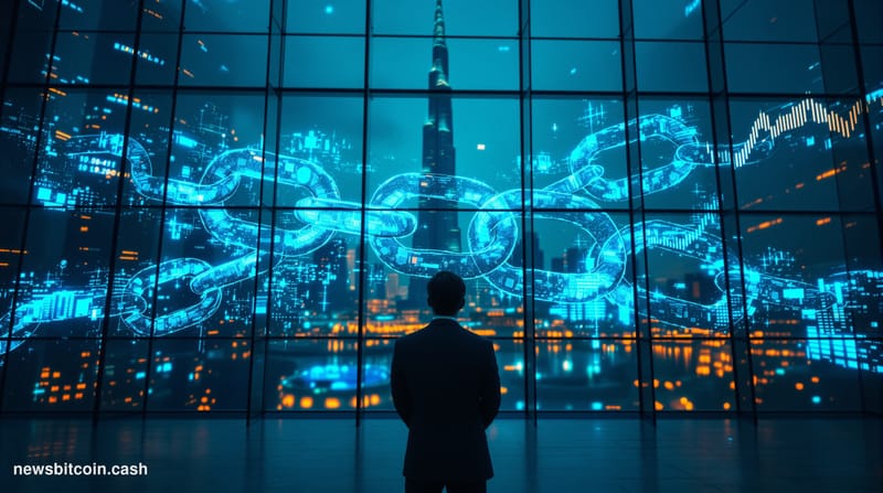 Cinematic photorealistic editorial photograph of a sleek glass-and-steel financial technology office tower in Dubai at dusk, 