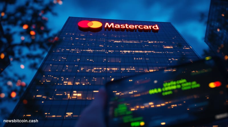 Cinematic photorealistic editorial photograph of Mastercard's Purchase, New York global headquarters exterior at dusk, the ic