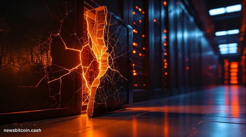 A cinematic photorealistic editorial photograph of a fractured digital vault door, partially open in a darkened server enviro