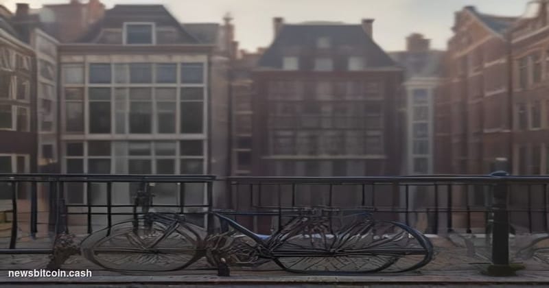 A cinematic photorealistic editorial photograph shot at street level in Amsterdam, Netherlands, with the iconic Dutch canal h