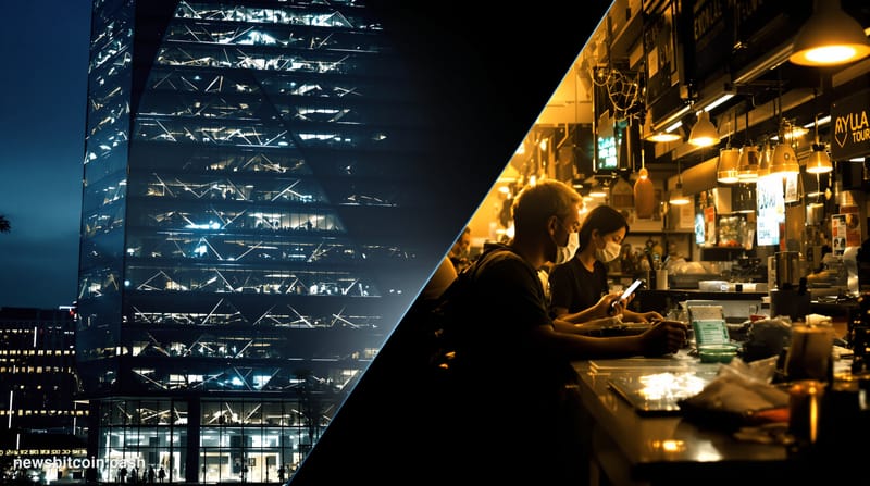 A dramatic split-composition editorial photograph: on the left, the illuminated glass facade of a major European financial di
