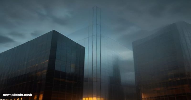 Cinematic photorealistic editorial photograph of the MicroStrategy corporate headquarters in Tysons Corner, Virginia, shot at