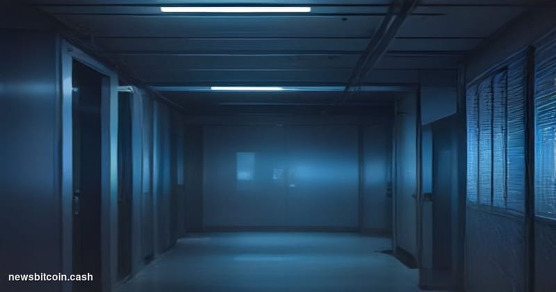 Cinematic photorealistic editorial photograph of a sleek dark server room bathed in cold blue light, with a single cracked gl